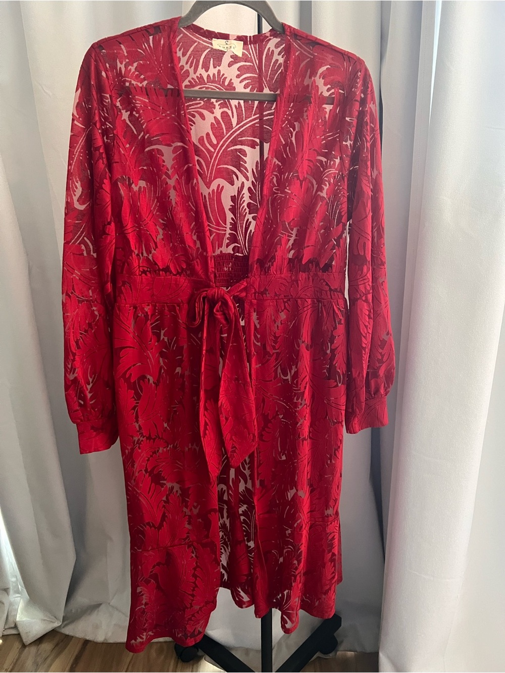 Ember Red Floral Robe with Tie Waist - lace